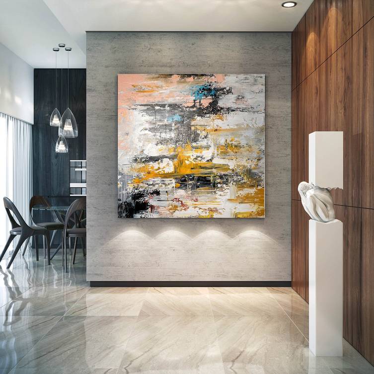 White Hand-painted Yellow Pink Painting Abstract Canvas Artwork JNJ1H